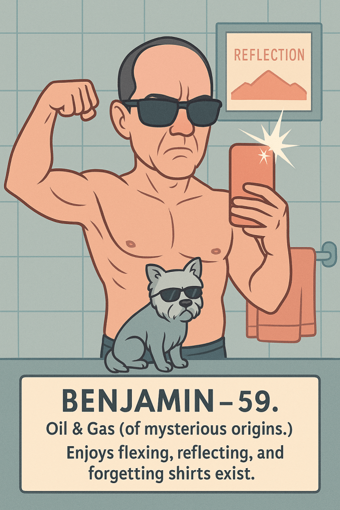 Cartoon illustration of Benjamin, a middle-aged man taking a mirror selfie while flexing his arm, wearing sunglasses indoors, humorous parody of online dating photos.