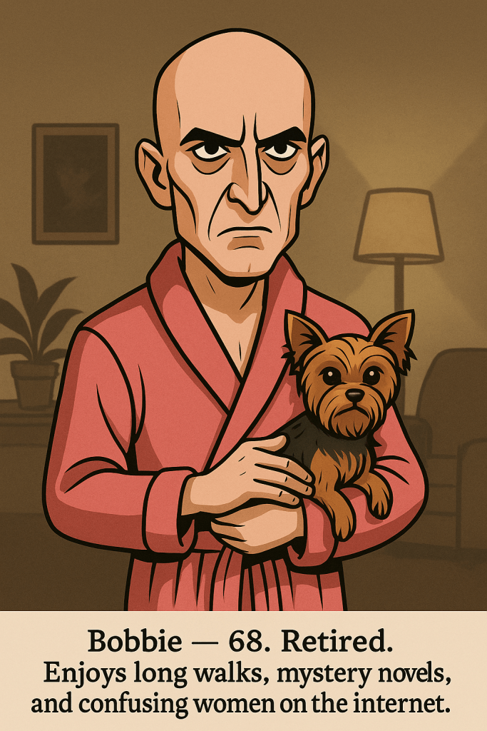 Cartoon illustration of Bobbie, the Pink-Robe Phantom — a bald man in a bright pink robe holding a Yorkie, humorous dating-app parody image.