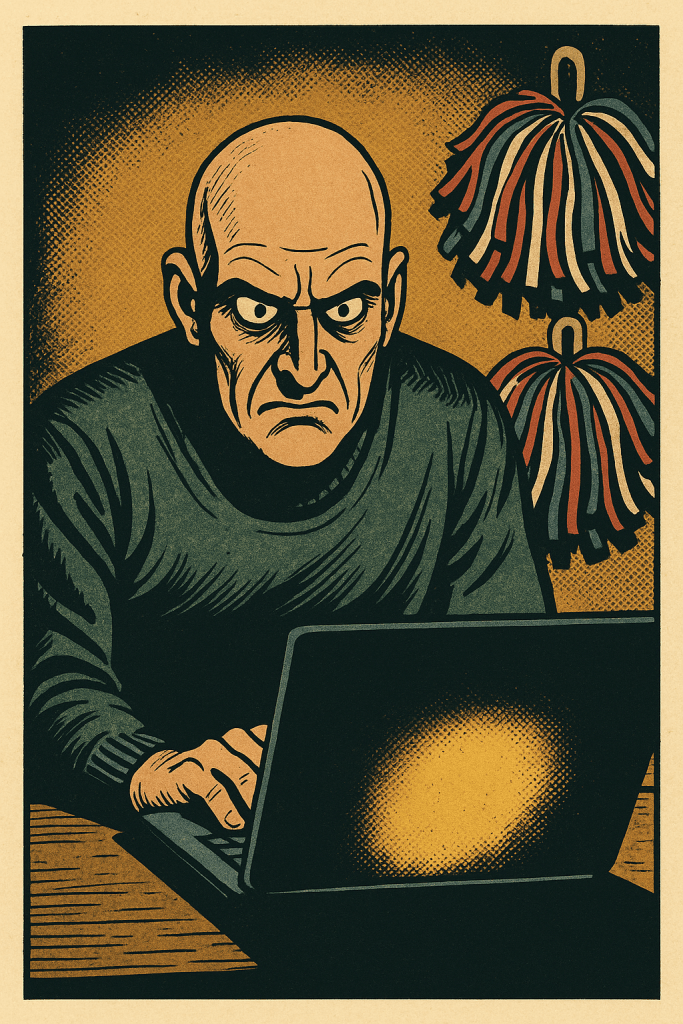 Vintage comic panel of a bald man at a laptop in a dimly lit room, with pom-poms hanging ominously in the background.