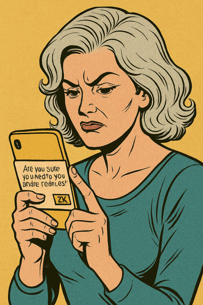 Vintage comic-style illustration of a silver-haired woman dramatically pressing the block button on her phone.