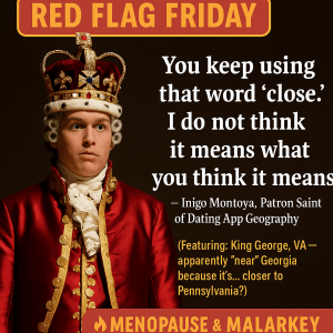 Meme of King George III from “Hamilton” with a Princess Bride quote poking fun at a dating app match who misjudges geography, referencing King George, VA and Georgia. Branded Red Flag Friday graphic from Menopause & Malarkey.