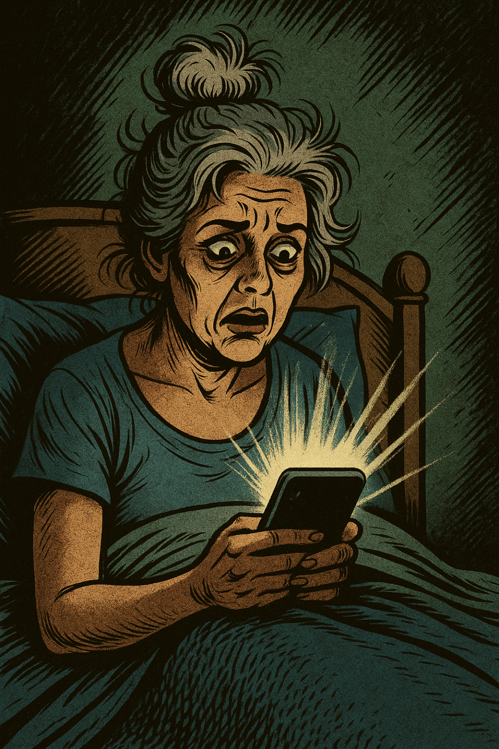 Retro comic panel of a silver-haired woman waking up in bed, squinting at the ominous glow of her phone on the nightstand.