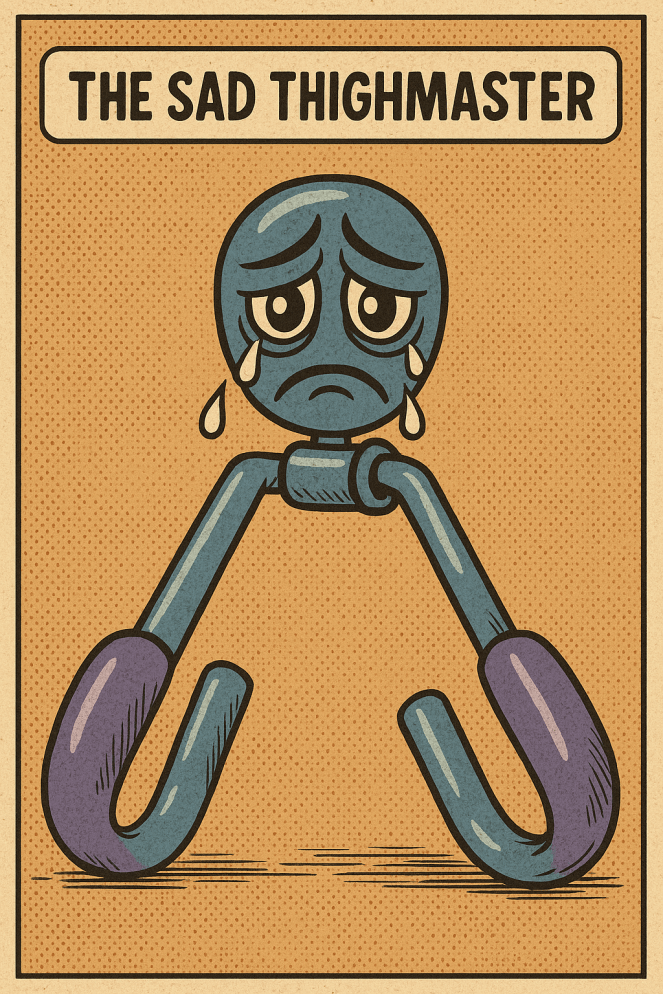 Vintage comic panel of a sad ThighMaster exercise tool cartoonishly crying under a spotlight