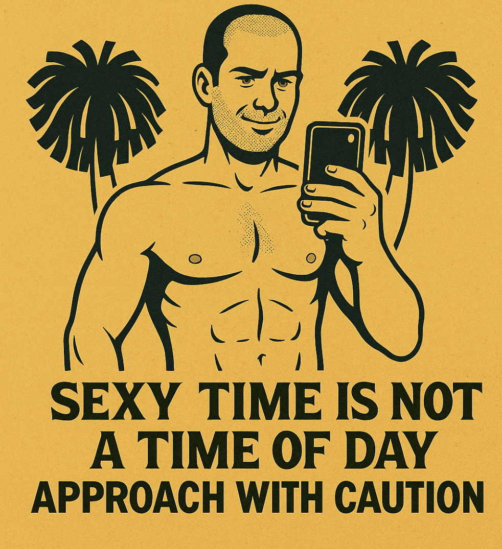 Screenshot of a dating profile answer reading ‘My favorite time of day is… Sexy time’ above a shirtless man posing on a sunny beach, wearing dark sunglasses and flexing for the camera.