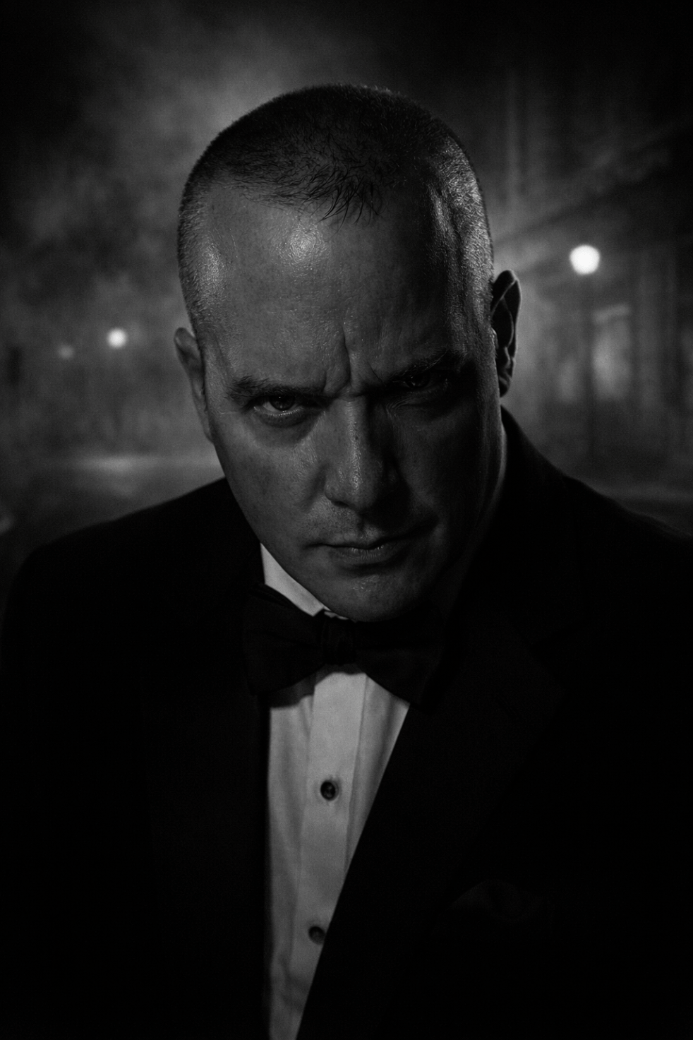 A dramatic black-and-white, film noir–style portrait of a middle-aged man in a tuxedo, staring intensely into the camera under low lighting. The image evokes classic crime drama and mystery, with a moody, ominous tone.