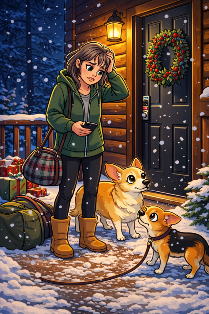 Cartoon-style illustration of a woman locked out of a cabin on Christmas Eve, staring at her phone while her two small dogs, Phoebe and Maggie, stand beside her in the snow near luggage and wrapped gifts.