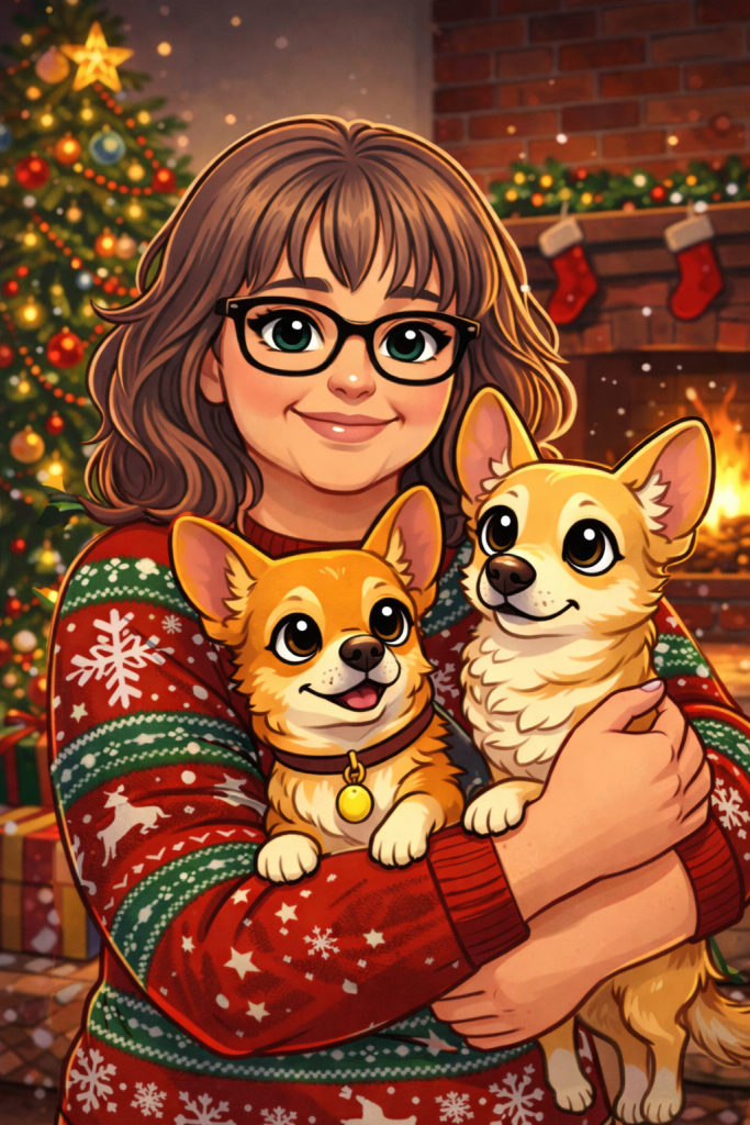 Cartoon-style illustration of a woman wearing a Christmas sweater, smiling while holding her two small dogs, Maggie and Phoebe, in a cozy holiday living room with a decorated Christmas tree and fireplace.