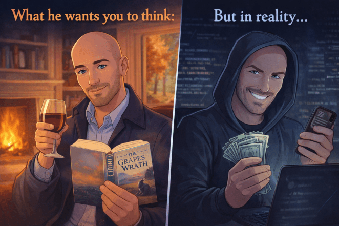 Side-by-side illustration of an online dating red flag. One side shows a charming, well-dressed man reading The Grapes of Wrath with a glass of wine by a cozy fireplace. The other side reveals the same man as a hoodie-wearing scammer juggling a phone, laptop, and cash. Caption contrasts “What he wants you to think” versus “But in reality.”