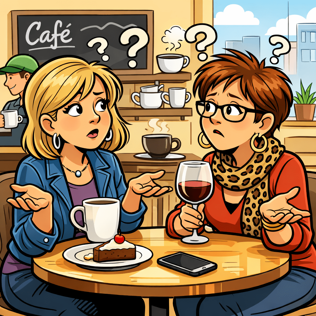 Cartoon of two middle-aged women at a café, one with coffee and one with wine, exchanging confused looks and shrugging as question marks appear above their heads. A phone and dessert sit on the table, suggesting a baffling conversation.