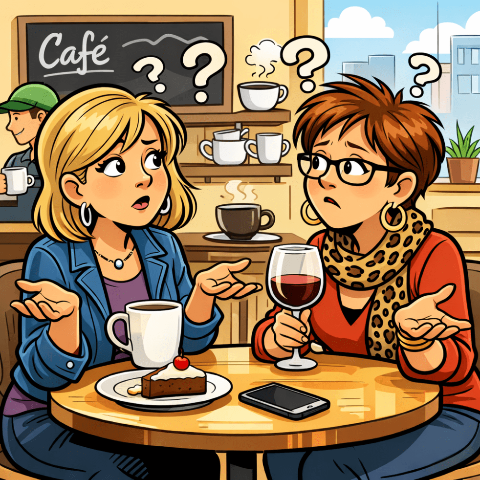 Cartoon of two middle-aged women at a café, one with coffee and one with wine, exchanging confused looks and shrugging as question marks appear above their heads. A phone and dessert sit on the table, suggesting a baffling conversation.
