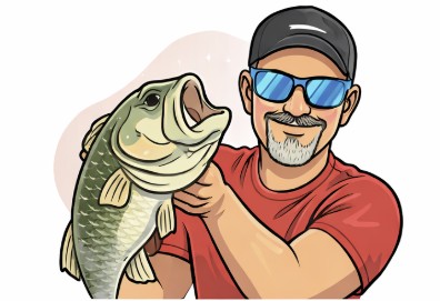 Cartoon illustration of a man wearing sunglasses and a baseball cap while holding a large fish toward the camera, posed as a stereotypical online dating profile photo.