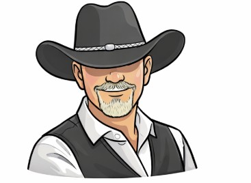 Cartoon illustration of a smiling man wearing a black cowboy-style hat pulled low to cover his eyes, dressed in a black vest over a white shirt, posed like a dating profile selfie.