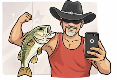 Cartoon illustration of a man flexing in a mirror selfie while holding a fish and wearing a cowboy hat that obscures his eyes, representing common dating profile photo clichés.
