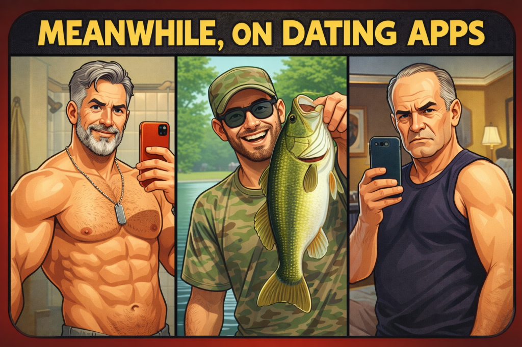 Illustrated three-panel graphic titled “Meanwhile, on Dating Apps.” The left panel shows a shirtless, muscular older man taking a mirror selfie in a bathroom. The center panel shows a smiling man outdoors holding a large fish while wearing sunglasses and a camouflage shirt. The right panel shows a man in a sleeveless tank top taking a serious mirror selfie indoors. The image humorously represents common dating-app photo stereotypes.