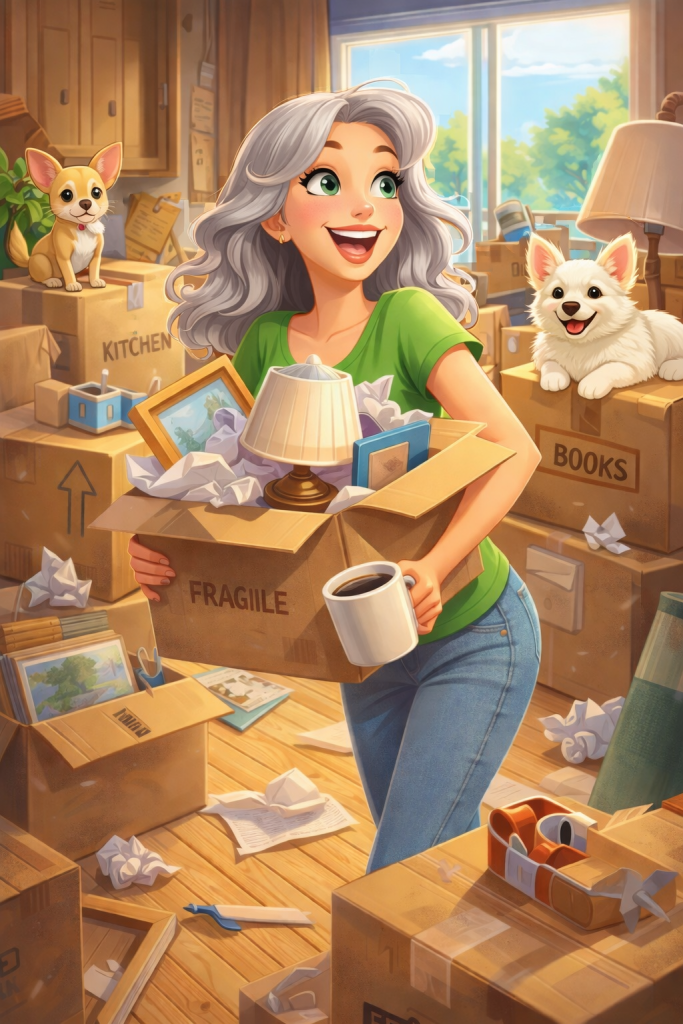 Illustrated, Disney-style scene of a smiling woman with light gray hair and green eyes standing among moving boxes in a cozy, sunlit room. She wears casual clothes and looks calm and confident despite the chaos. A tan Chihuahua stands alert at her feet, and a white Corgi lounges nearby like a cat. The scene conveys humor, resilience, and a lighthearted take on moving and fresh starts.