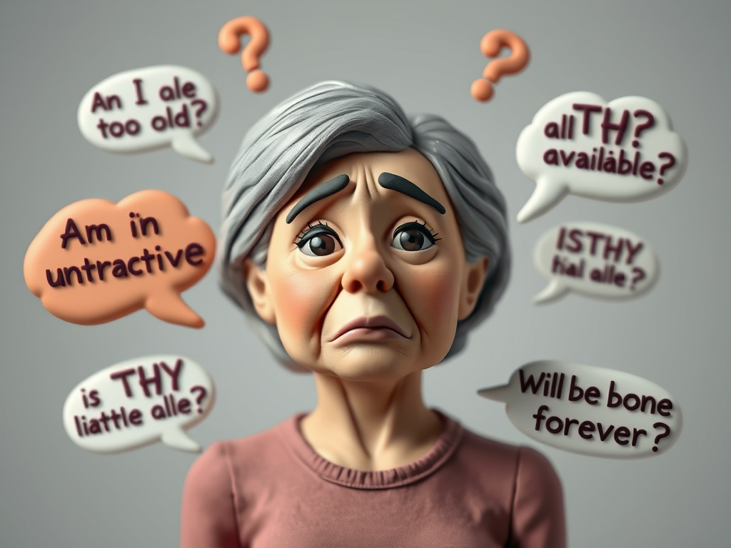 AI-generated illustration of a puzzled middle-aged woman surrounded by thought bubbles filled with scrambled, unreadable text, humorously suggesting confusion.