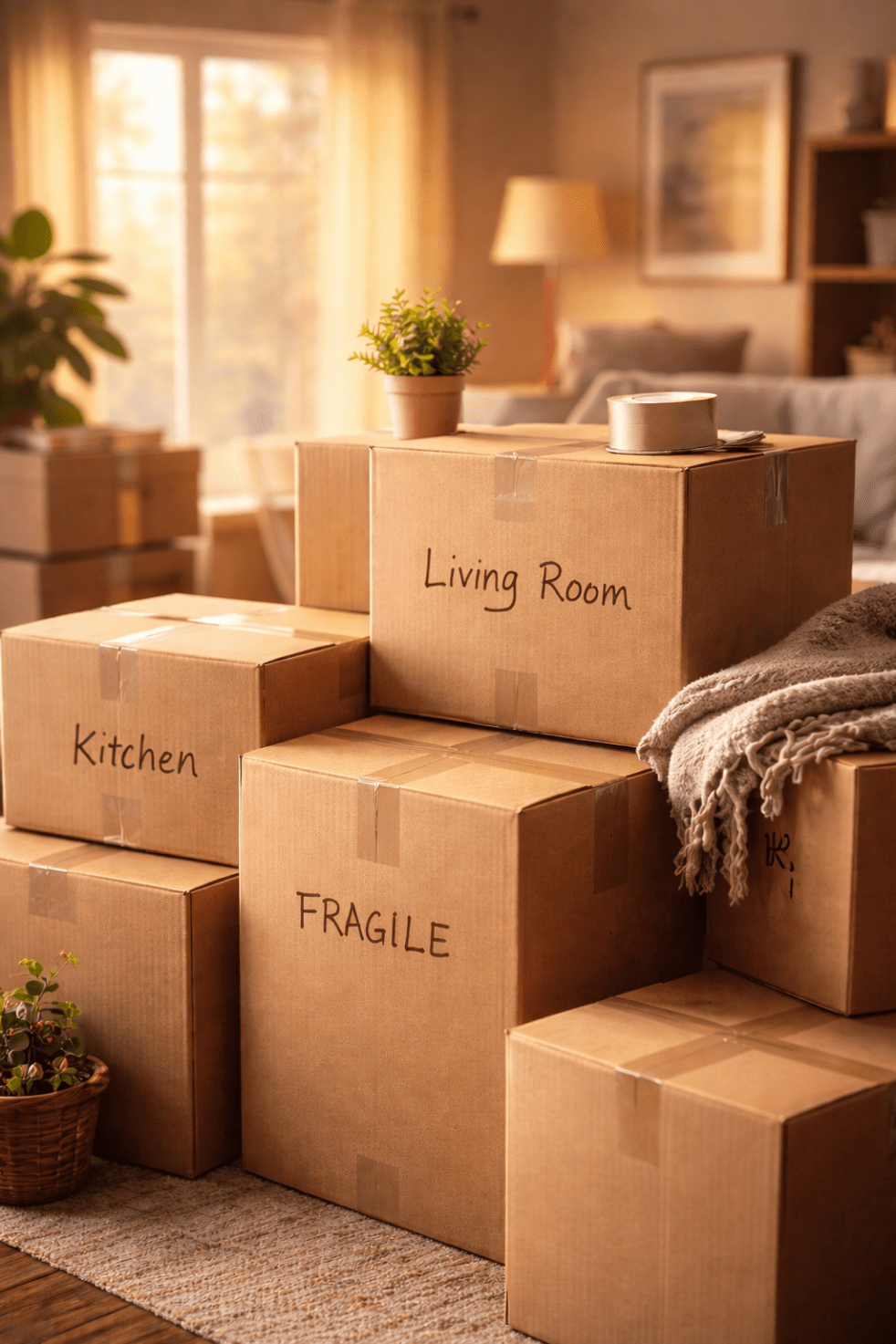 Softly lit stack of neutral moving boxes in a quiet room, symbolizing transition, fresh starts, and life mid-move.