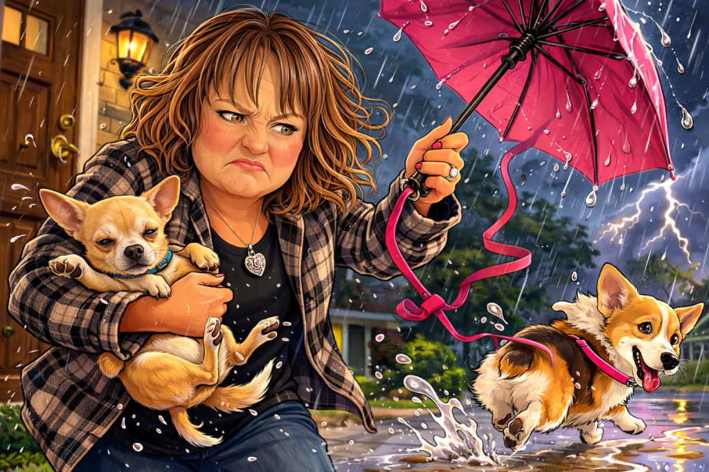 Cartoon illustration of a woman standing in a rainstorm looking exasperated while holding a small Chihuahua and an umbrella as a corgi runs away with a pink leash through puddles.