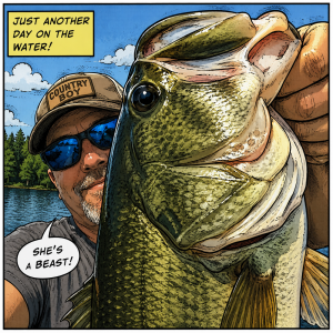 Comic-style illustration of a dating-app fish selfie where the largemouth bass takes up most of the frame while a man in sunglasses and a ‘Country Boy’ hat peeks out from behind it, proudly declaring, ‘She’s a beast!'