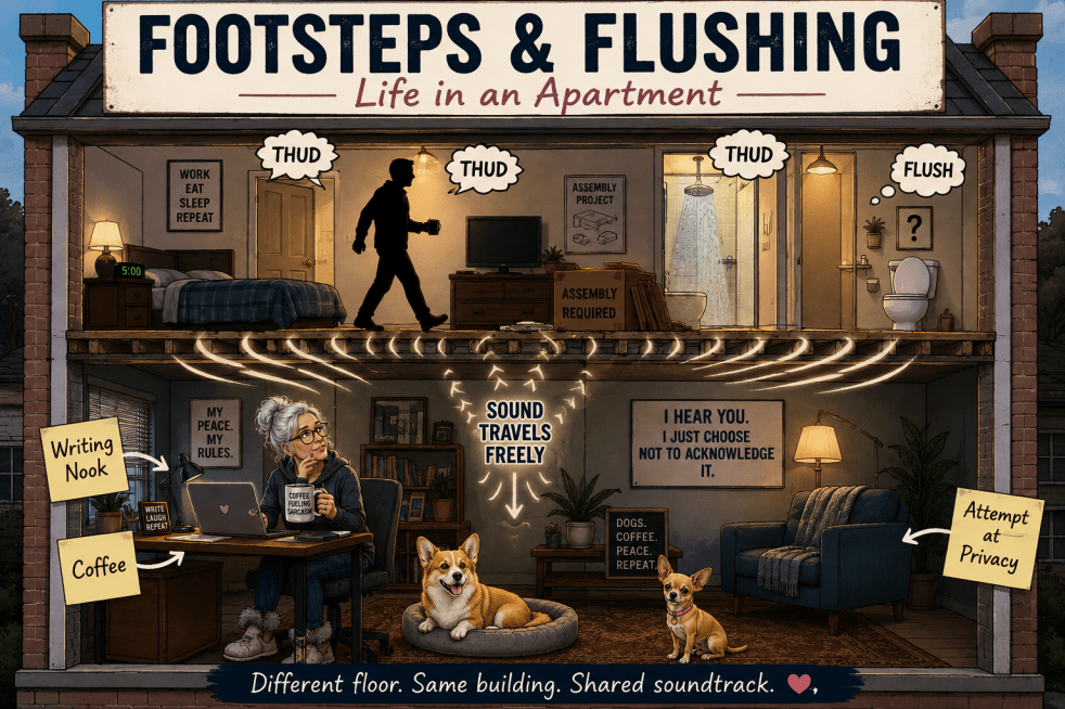 A cartoon-style apartment cutaway showing two stacked apartments. Bottom apartment: Silver-haired woman sitting at a desk with coffee and laptop. Dogs nearby. Little labels: "Writing Nook" "Coffee" "Attempt at Privacy" Upstairs apartment: Anonymous silhouette. Footsteps. Toilet. Shower. Question marks. Between them: Sound waves traveling through the floor. Title over top: FOOTSTEPS & FLUSHING Life in an Apartment