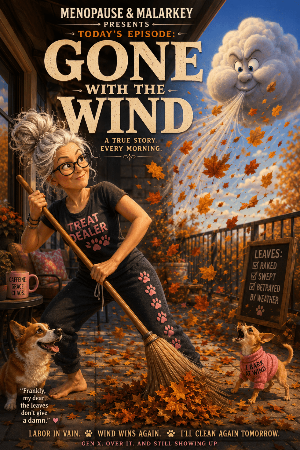 Pixar-style movie poster parody. A vibrant, energetic 56-year-old woman with bright silver hair in a messy bun, stylish glasses, and a mischievous expression stands on an apartment patio sweeping leaves with a broom. She looks youthful, active, and confident, with laugh lines but not elderly. She wears a t-shirt and sweatpants with pawprints, is barefoot, and holds a broom like a warrior preparing for battle. A mischievous cartoon cloud gleefully blows leaves back across the patio. Leaves swirl everywhere. Humorous, cinematic, warm lighting.