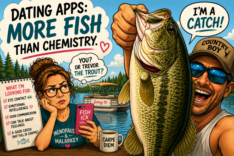 Cartoon-style illustration of a frustrated middle-aged woman sitting at a table scrolling through dating profiles while a grinning man in reflective sunglasses proudly holds a giant fish toward the camera. The fish takes up most of the selfie, and a speech bubble says, ‘I’M A CATCH!’ The scene includes humorous details like a mug labeled ‘Carpe Diem,’ a checklist titled ‘Fish Ick,’ and a pontoon boat named Jenny in the background.