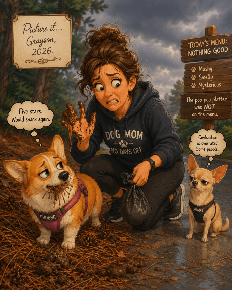 Disney-style cartoon illustration of a horrified dog mom kneeling on a rainy walking path while holding up a messy hand covered in pine straw and mystery poop. A mischievous Corgi named Phoebe stands nearby with straw hanging from her mouth and a satisfied expression, while a tiny Chihuahua named Maggie looks smug and judgmental. Humorous signs and speech bubbles add to the chaotic suburban dog-walking scene.