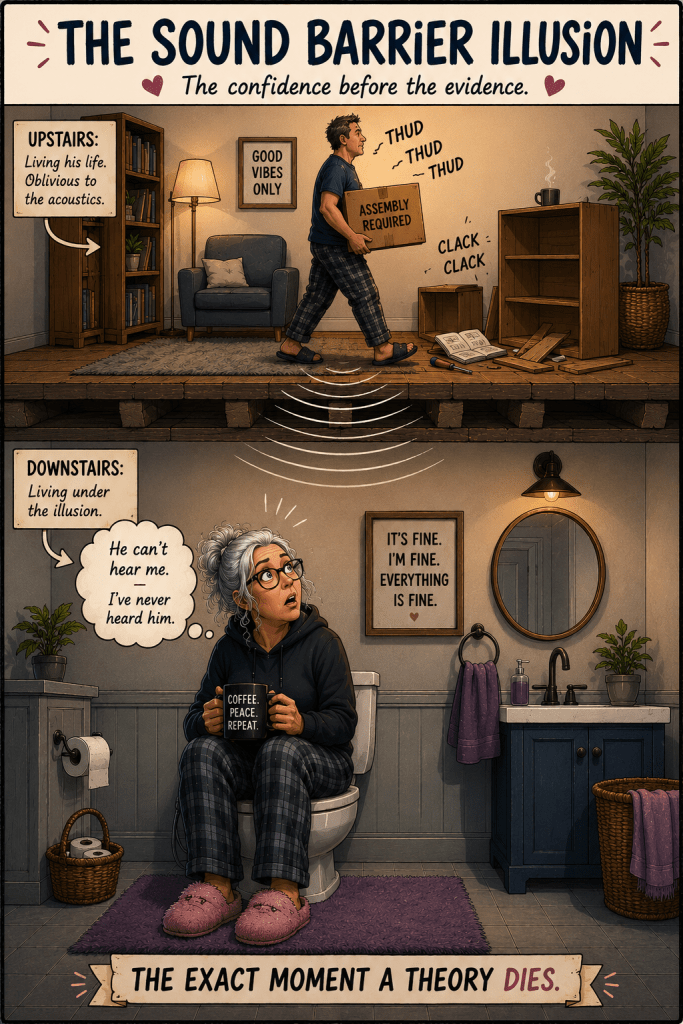 Comic-style apartment cutaway titled "The Sound Barrier Illusion." In the upstairs apartment, a man carries an "Assembly Required" box while assembling furniture and making thudding noises. In the downstairs apartment, a silver-haired woman sits on a toilet holding a coffee mug and looking up in alarm. A thought bubble reads, "He can't hear me. I've never heard him." Sound waves travel through the floor between the apartments. The caption at the bottom reads, "The exact moment a theory dies."