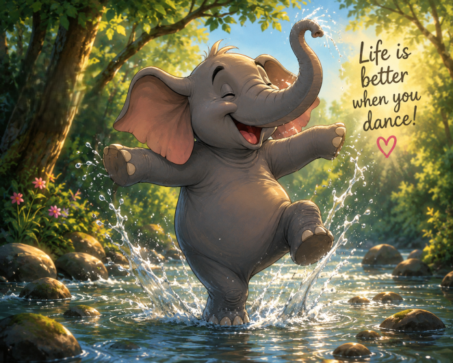 A whimsical animated storybook illustration of a cheerful elephant tap dancing on a woodland path while colorful butterflies flutter around him. Warm sunlight, joyful expression, playful movement, charming children's-book feel, vibrant colors, magical and lighthearted atmosphere.