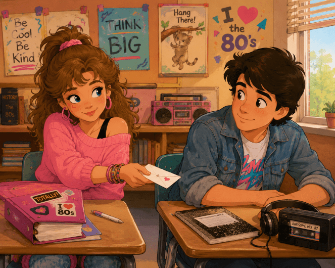Storybook-style illustration of a teenage girl passing a folded note to a boy in a 1980s classroom, evoking the excitement and vulnerability of young romance.