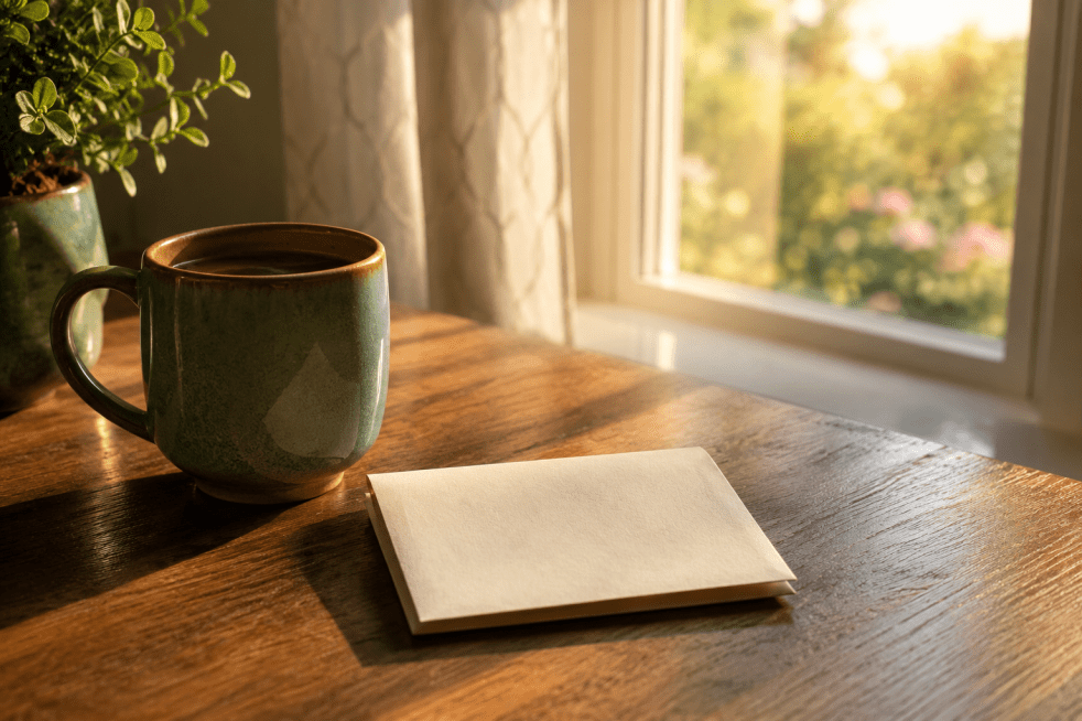 A simple photo of a folded note on a table with a coffee mug beside it. Morning light shines through a window. No names. No phone number visible.