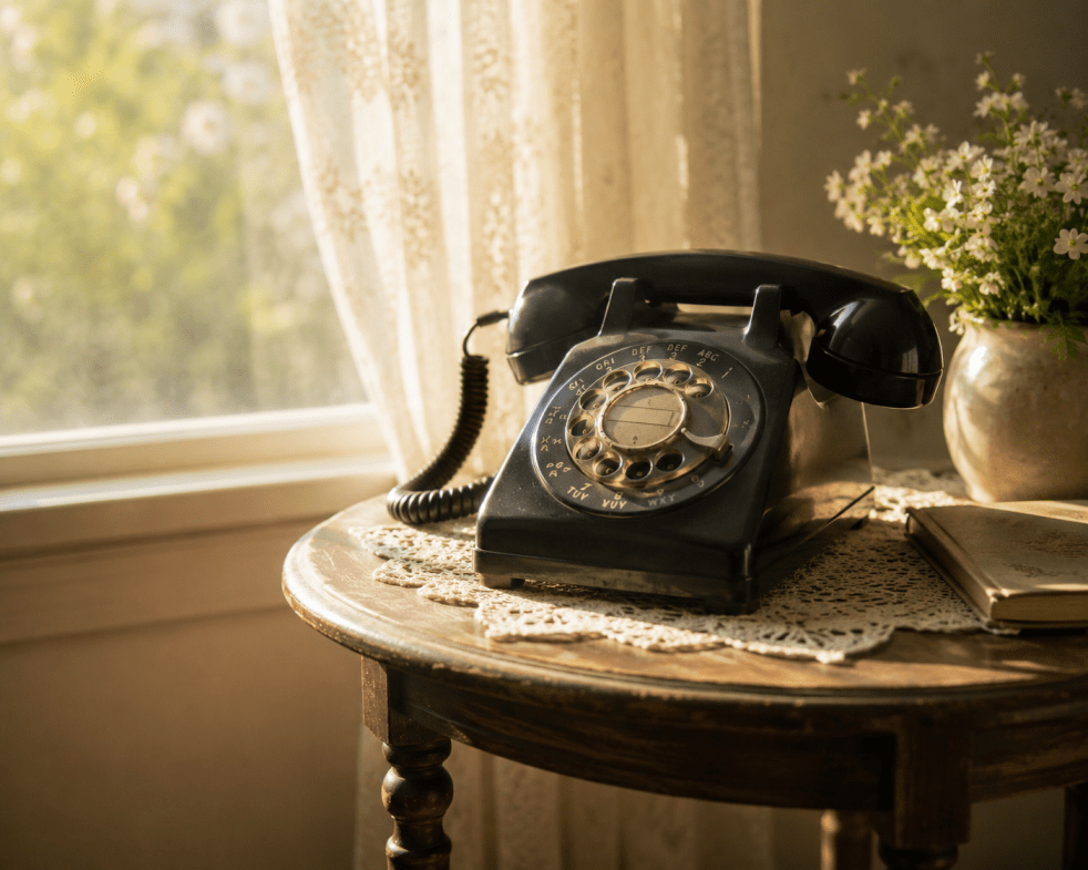 An image of a simple vintage telephone sitting on a small table in morning light.