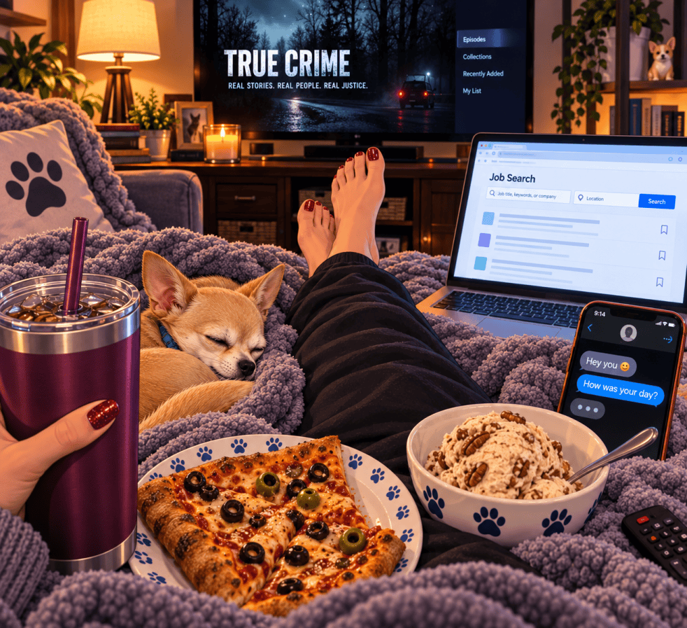 A warm, whimsical illustration from a first-person view of a cozy evening on the couch. Sparkly deep-red toes peek from beneath a soft blanket beside a sleeping tan Chihuahua, while a laptop displays a job search, a phone shows a text conversation, and a TV plays a true-crime program. Nearby are pizza topped with black and green olives, butter pecan ice cream, a drink, and several playful dog-themed details, including paw-print dishes, pillows, and framed artwork.