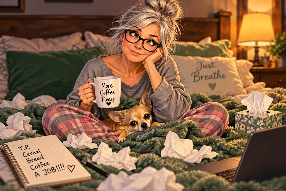 Warm, animated-style illustration of a silver-haired woman wearing glasses, a gray sweatshirt, and pink plaid pajama pants, sitting cross-legged on a bed with green bedding. Her tan Chihuahua snuggles between her legs, surrounded by crumpled tissues. She holds a coffee mug beside a laptop and a handwritten shopping list reading, “T.P., Cereal, Bread, Coffee, A JOB!!!!” The cozy, humorous scene captures the emotional ups and downs of unemployment and midlife uncertainty.