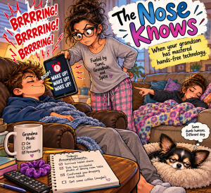 Colorful, exaggerated cartoon of an exasperated grandmother in pajamas holding a blaring tablet against her sleeping grandson’s nose as he silences the alarm without opening his eyes. His sister points accusingly from the couch while a grumpy Chihuahua watches from her bed. Comic-book sound effects announce “BRRRRING!” and “BOOP!” Above the chaotic scene, a colorful headline reads “The Nose Knows,” with the caption “When your grandson has mastered hands-free technology.”